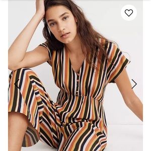 V-Neck Button-Front Jumpsuit in Rainbow Stripe